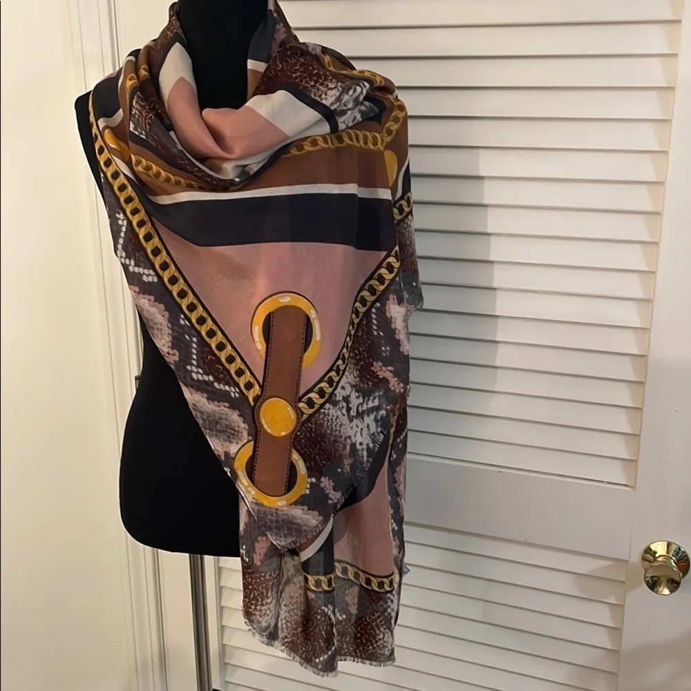 Regina Schrecker Geometric Snakeskin Chain Lightweight Fringe Kaftan Scarf